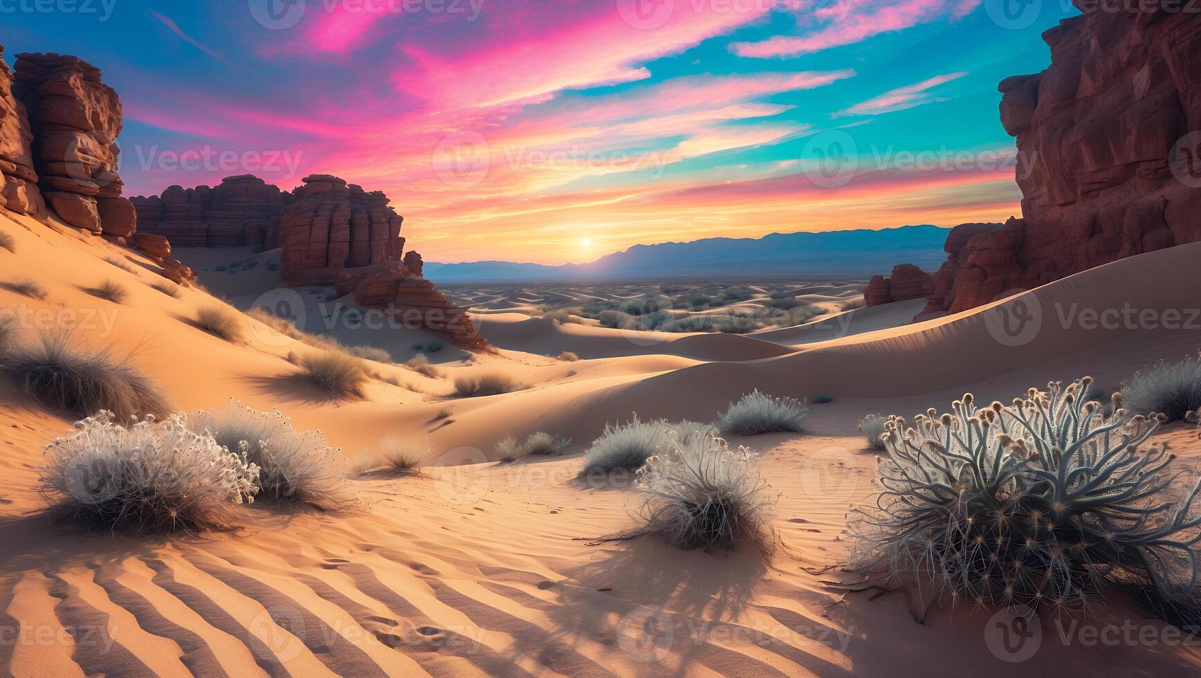 Exploring Scenic Desert Landscape at Sunset with Colorful Sky photo