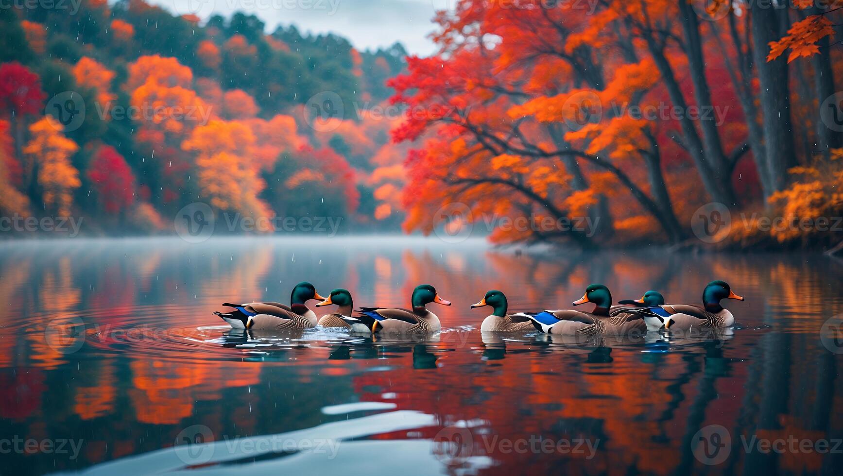 Ducks Swim on Lake During Fall with Colorful Autumn Foliage photo