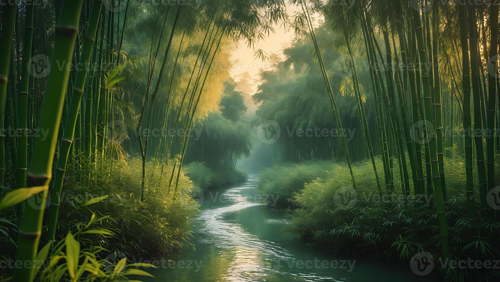 Winding River Flowing Through Dense Bamboo Forest with Foggy Sunlight photo