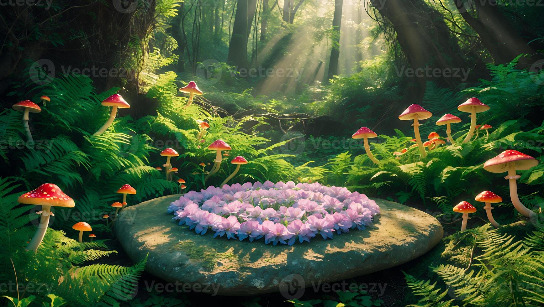 Enchanted Forest Scene Stone with Flower Circle and Wild Mushrooms photo