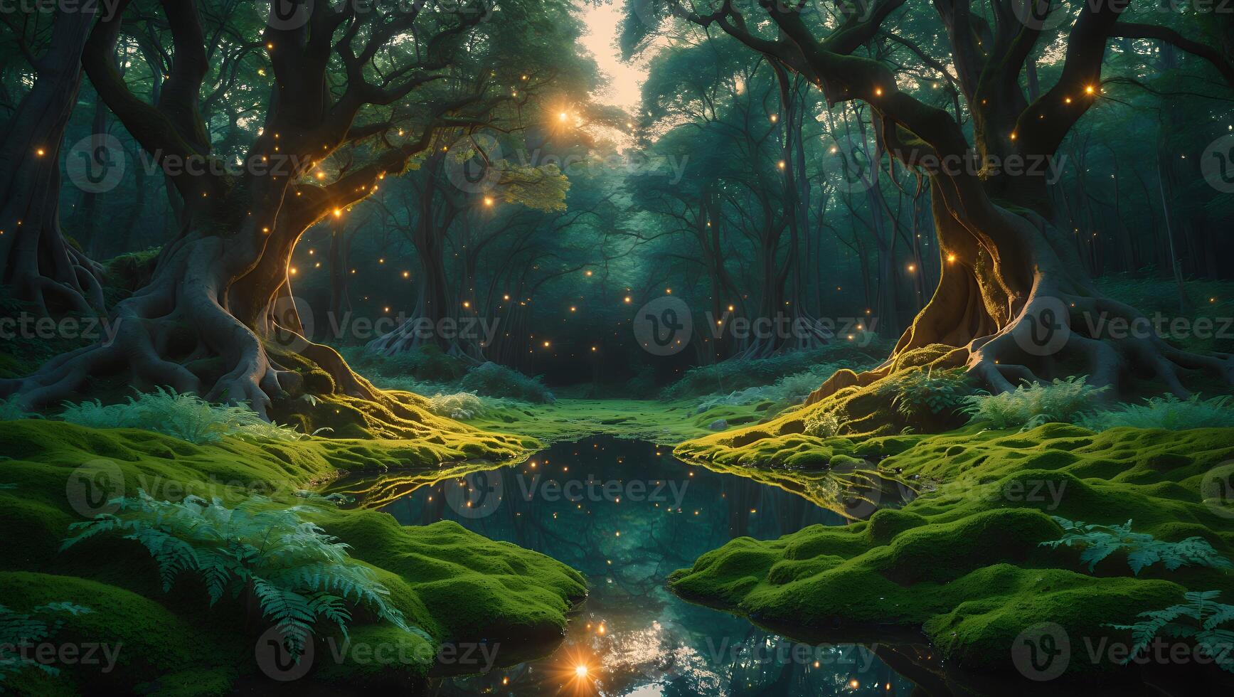 Tranquil Forest Pond Reflecting Light with Mossy Banks and Glowing Lights photo