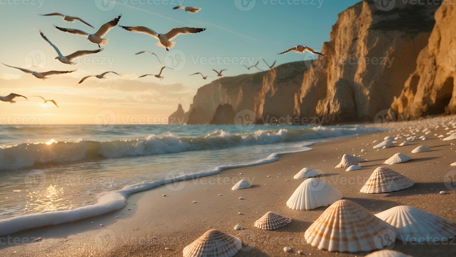 Seagulls Flying Over Sandy Beach with Shells at Sunset photo
