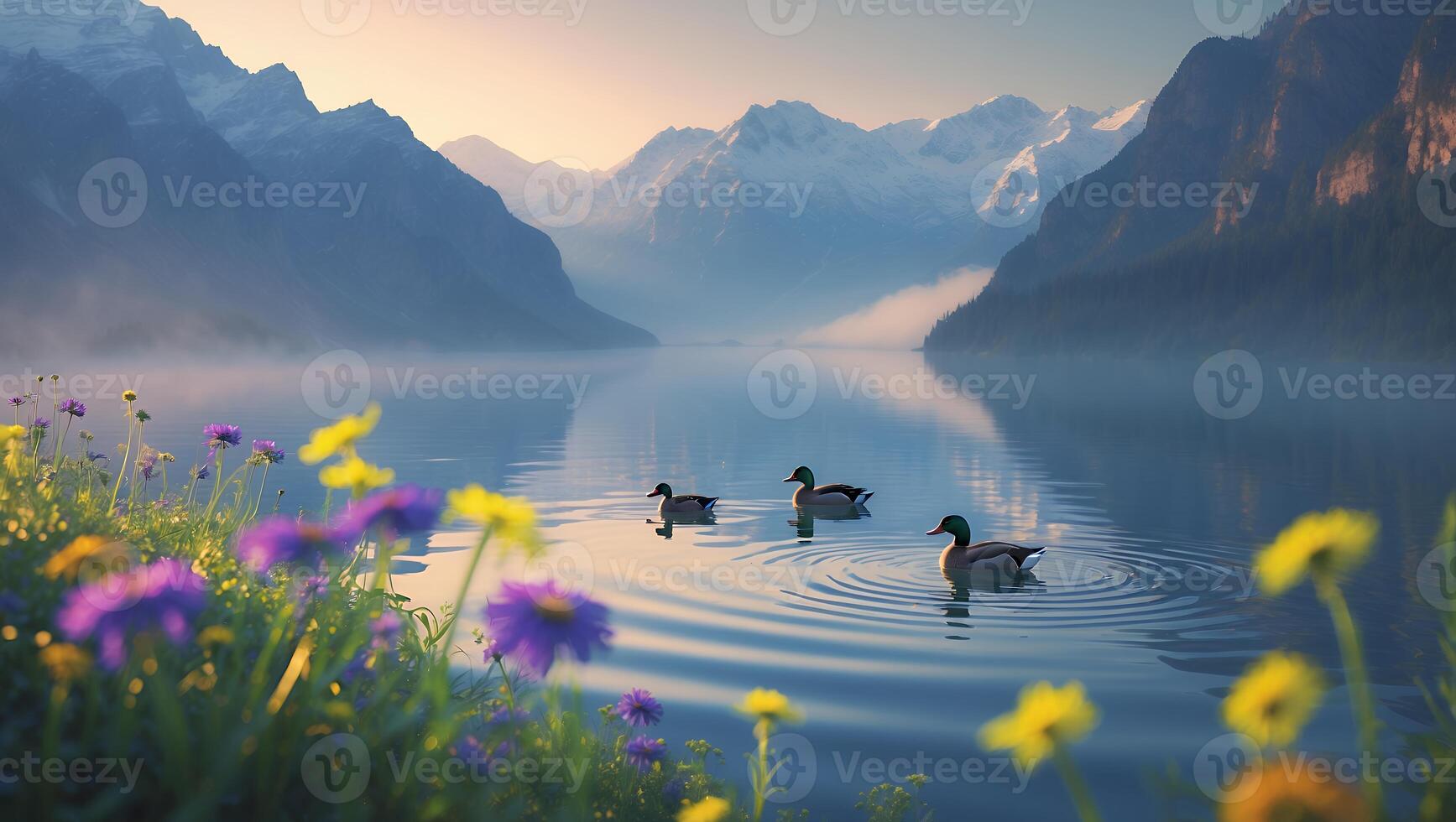 Ducks Swimming on Calm Lake with Mountain Backdrop and Flowers photo