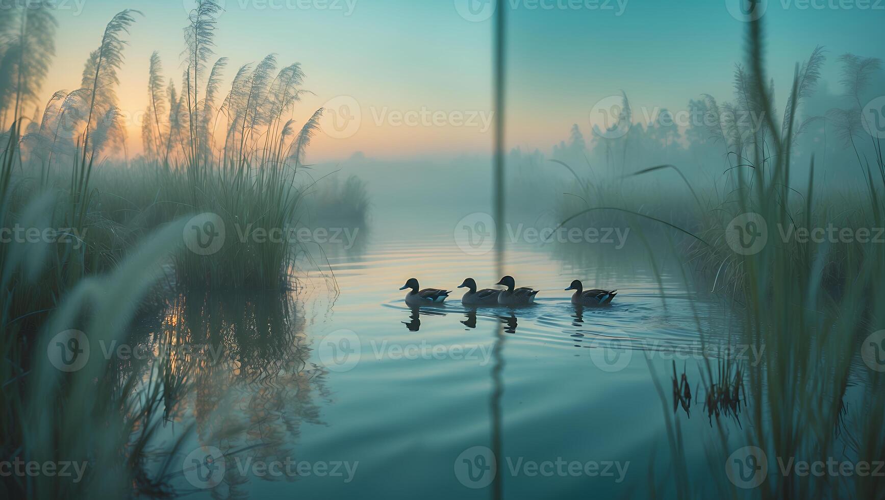 Ducks Swimming Serenely on Misty Lake at Dawn with Tall Grass photo