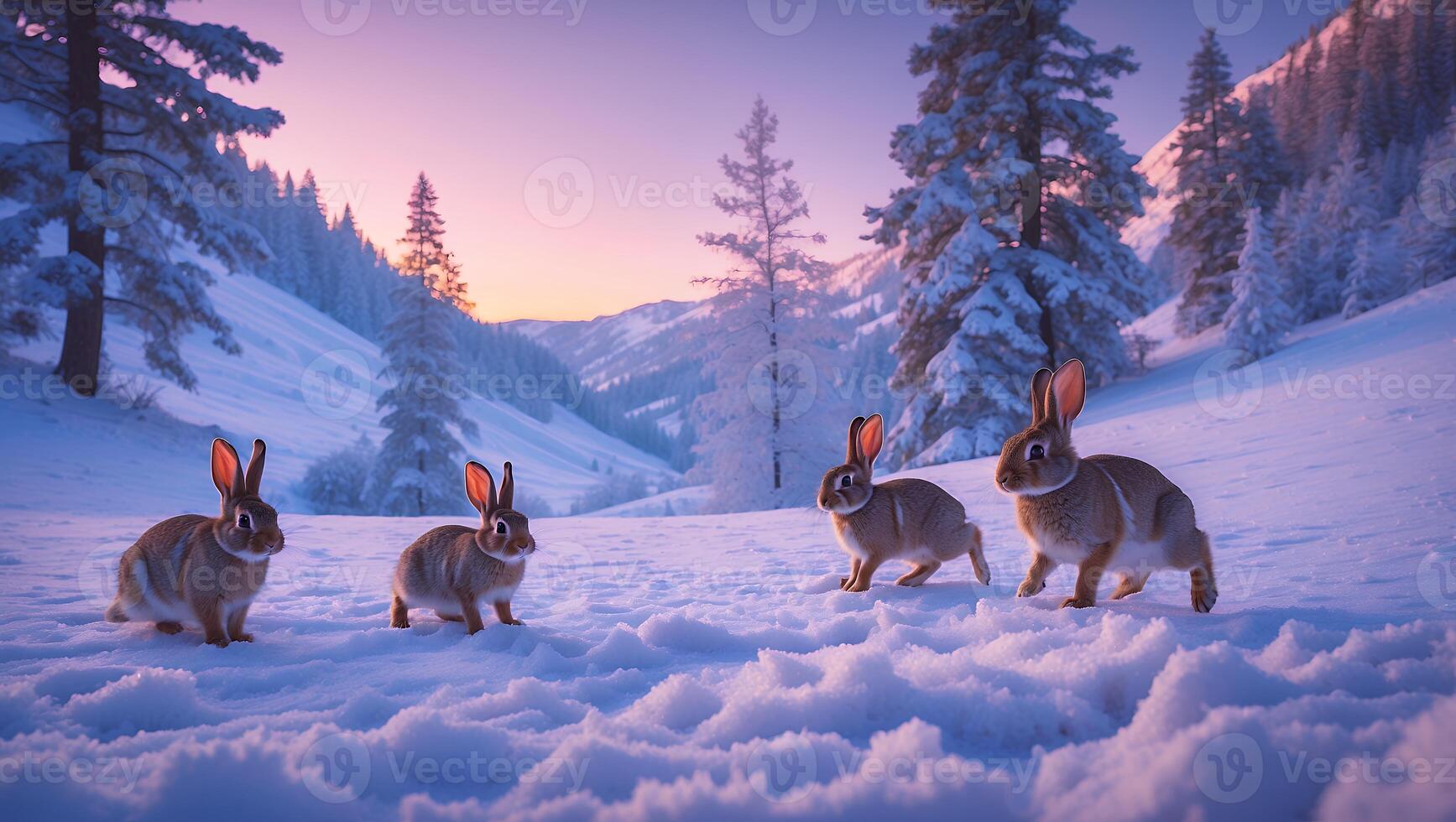 Rabbits in Snowy Winter Landscape at Dusk with Soft Sky photo