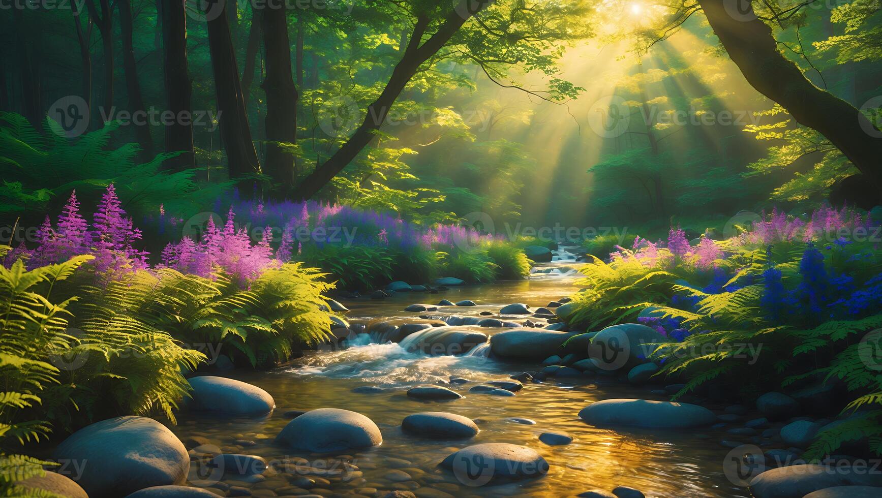 Stream Flowing Through Forest with Sunlight and Flowers Creating Peaceful Scene photo