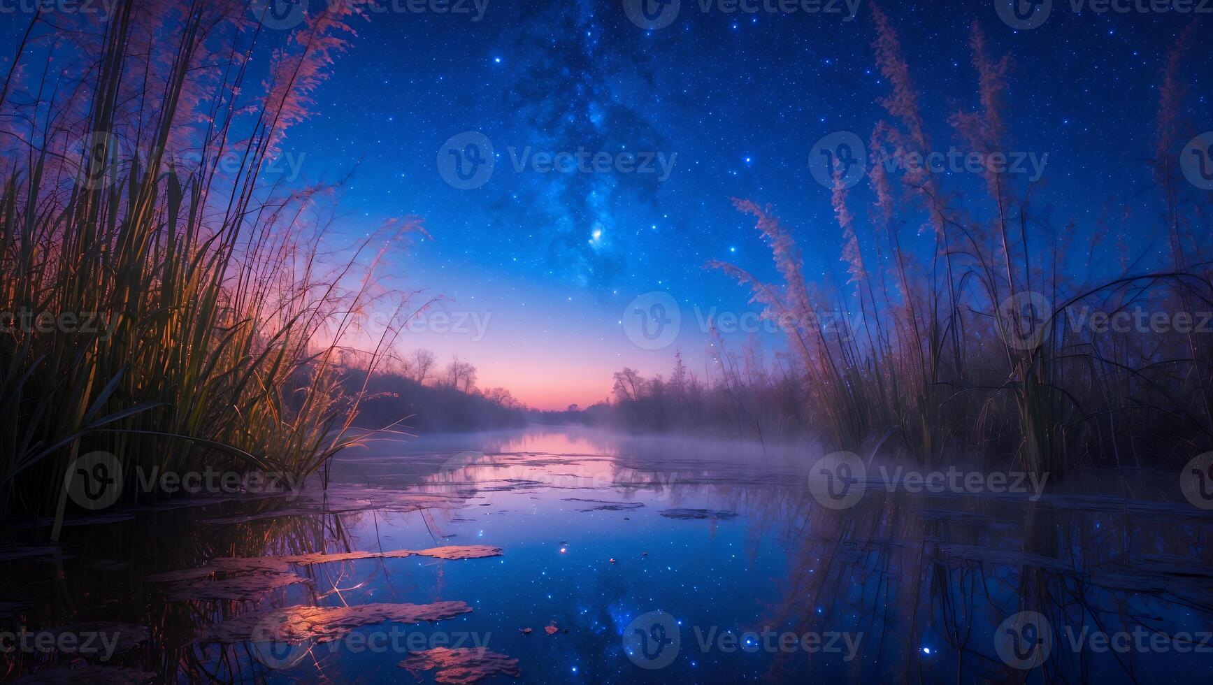 Starry Night Sky Reflecting Over Calm Pond with Reeds photo