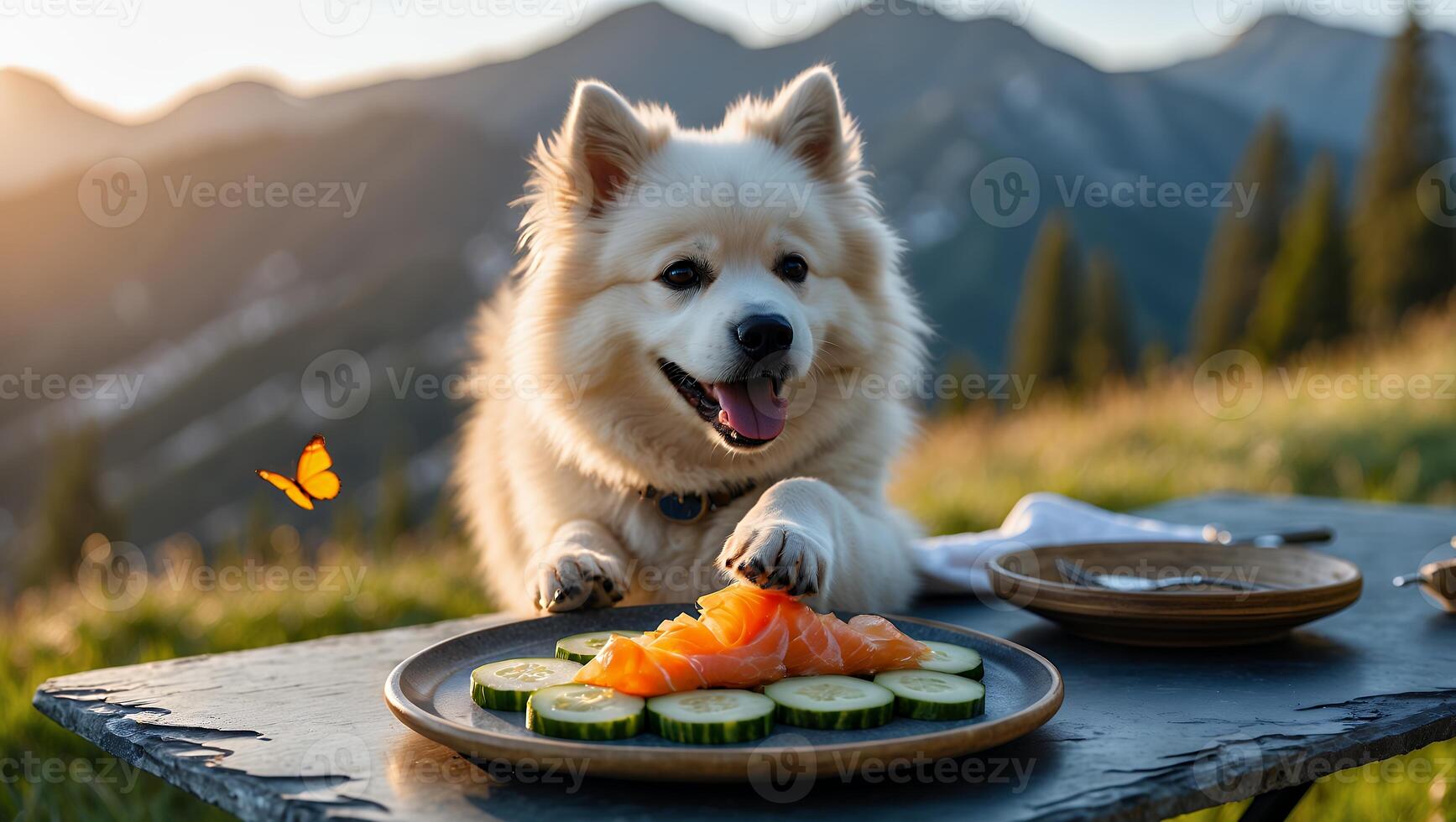 Dog Reaching for Salmon and Cucumber on a Mountain Picnic Table photo