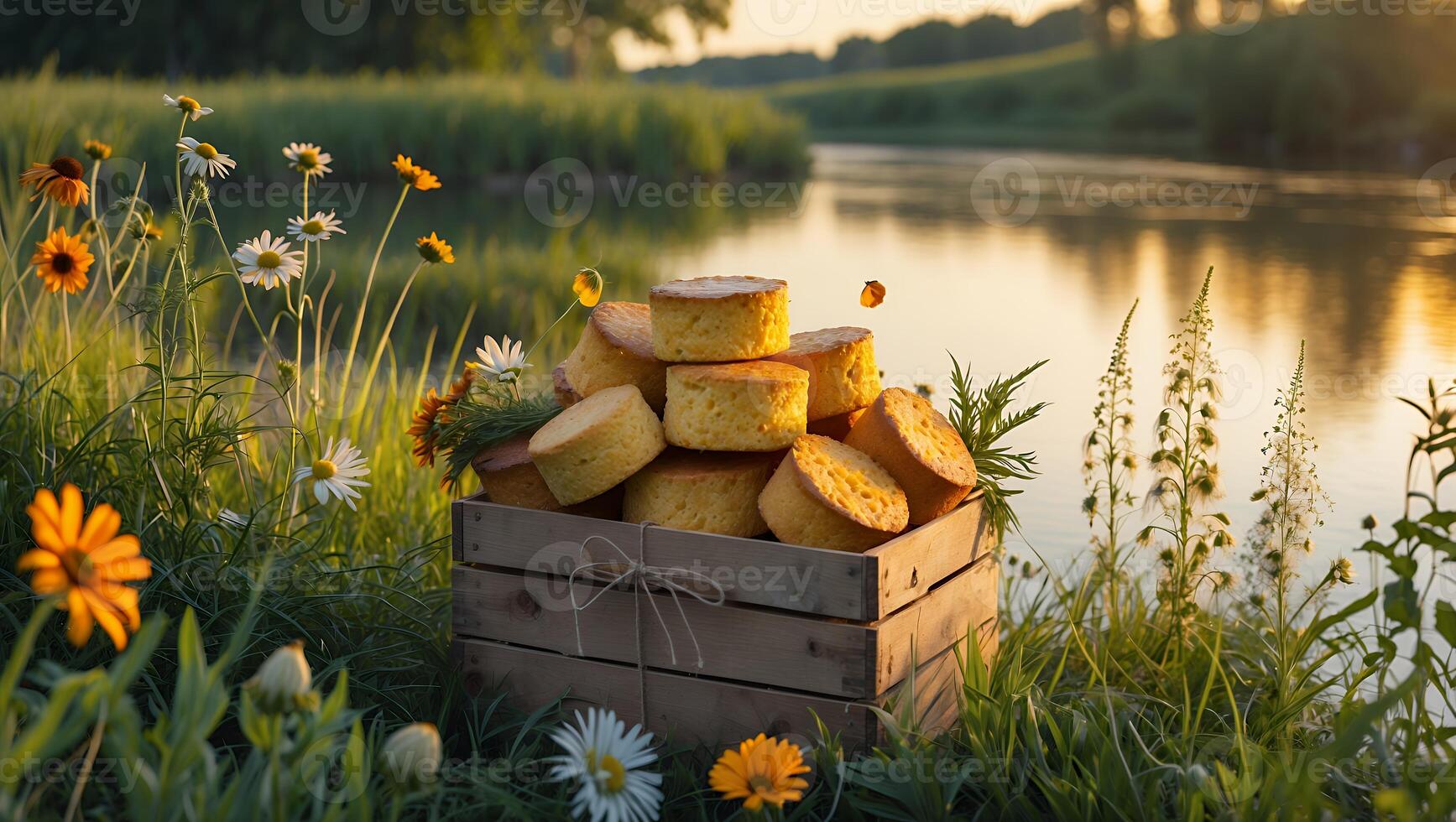 Cornbread Stack in Wooden Crate by River at Golden Hour photo