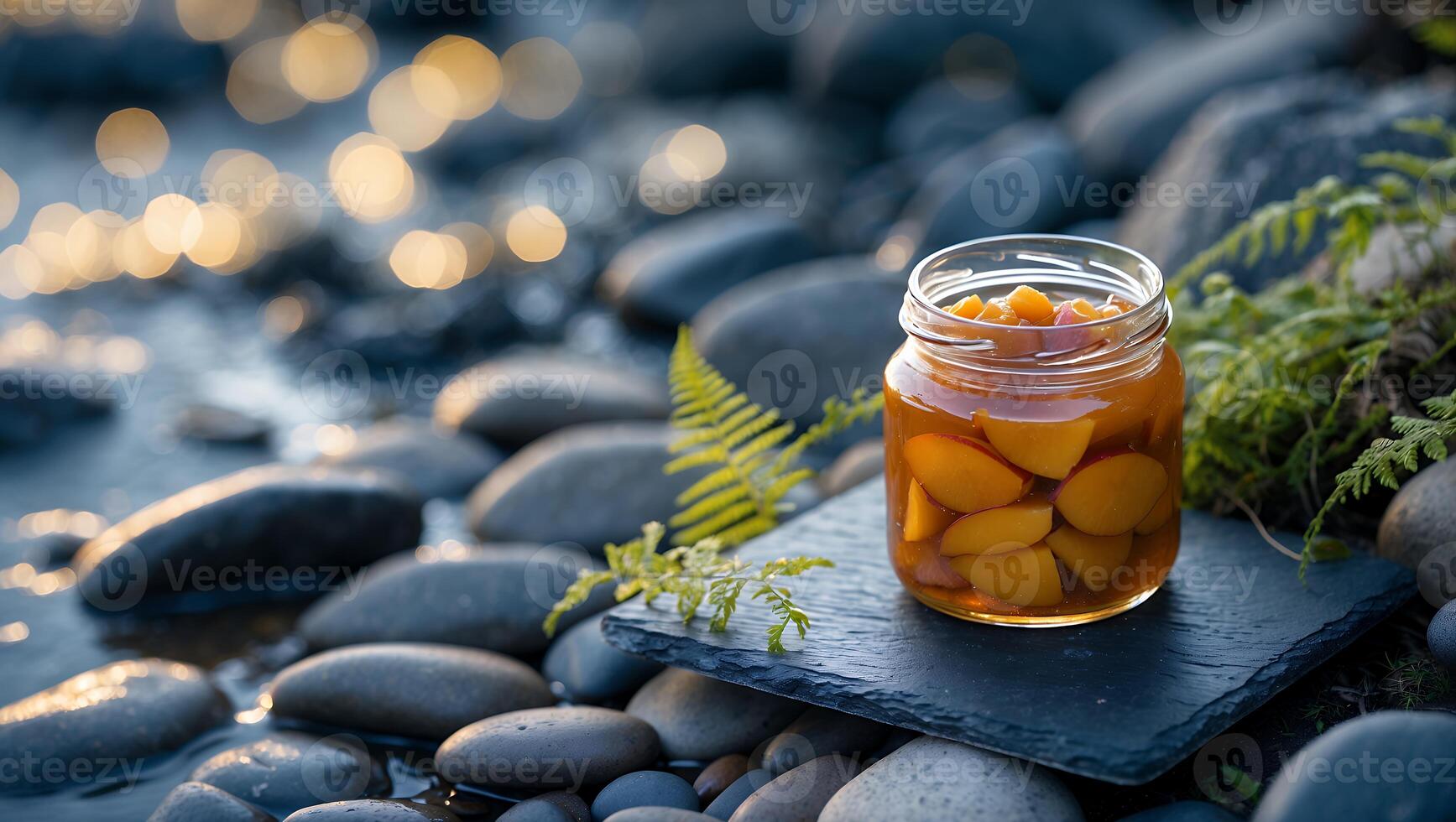 Jar of Preserved Fruit on Rock Near Water with Bokeh Effect photo