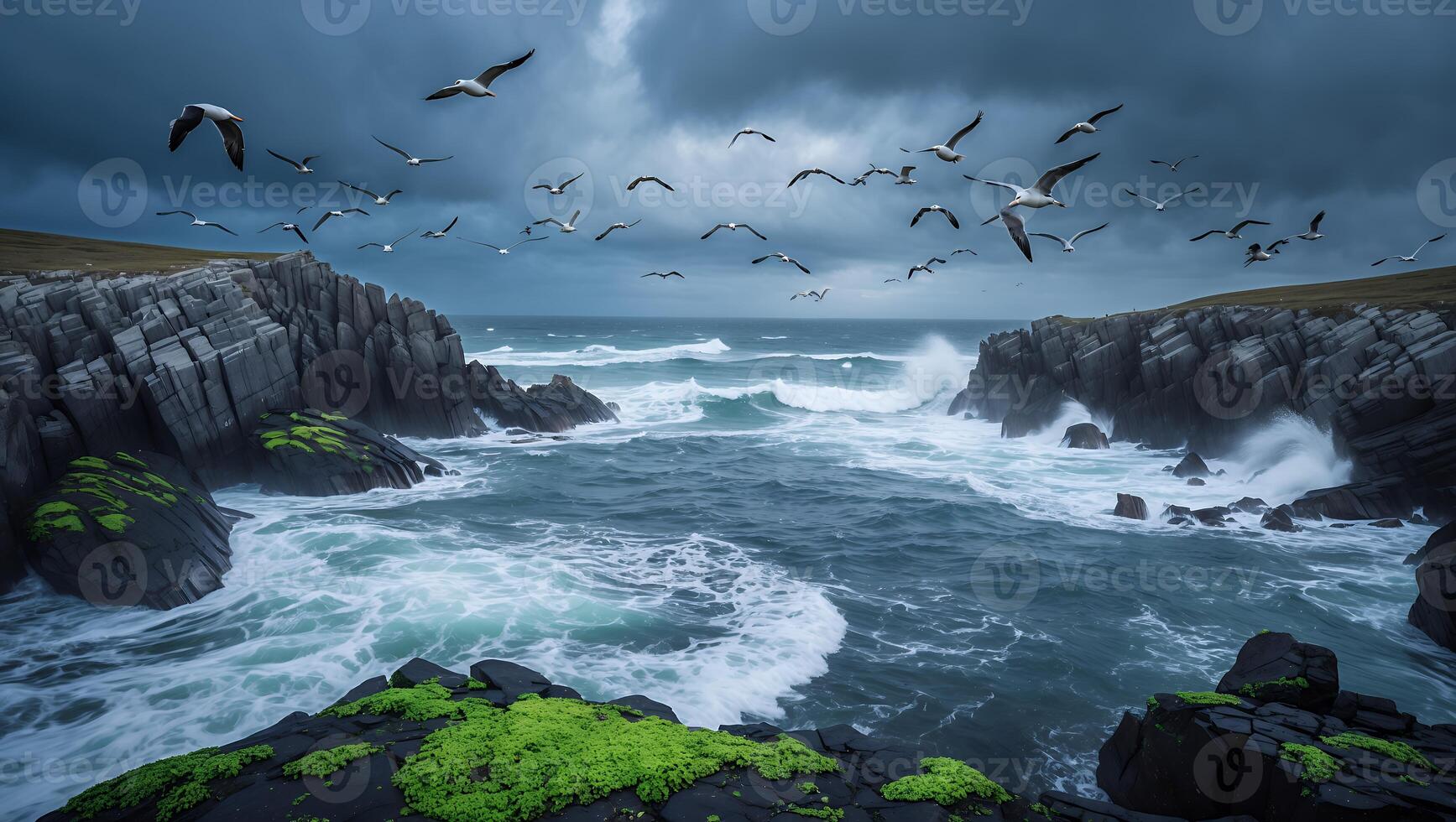 Birds Fly Over Crashing Waves Against Rocky Coastline with Moody Sky photo