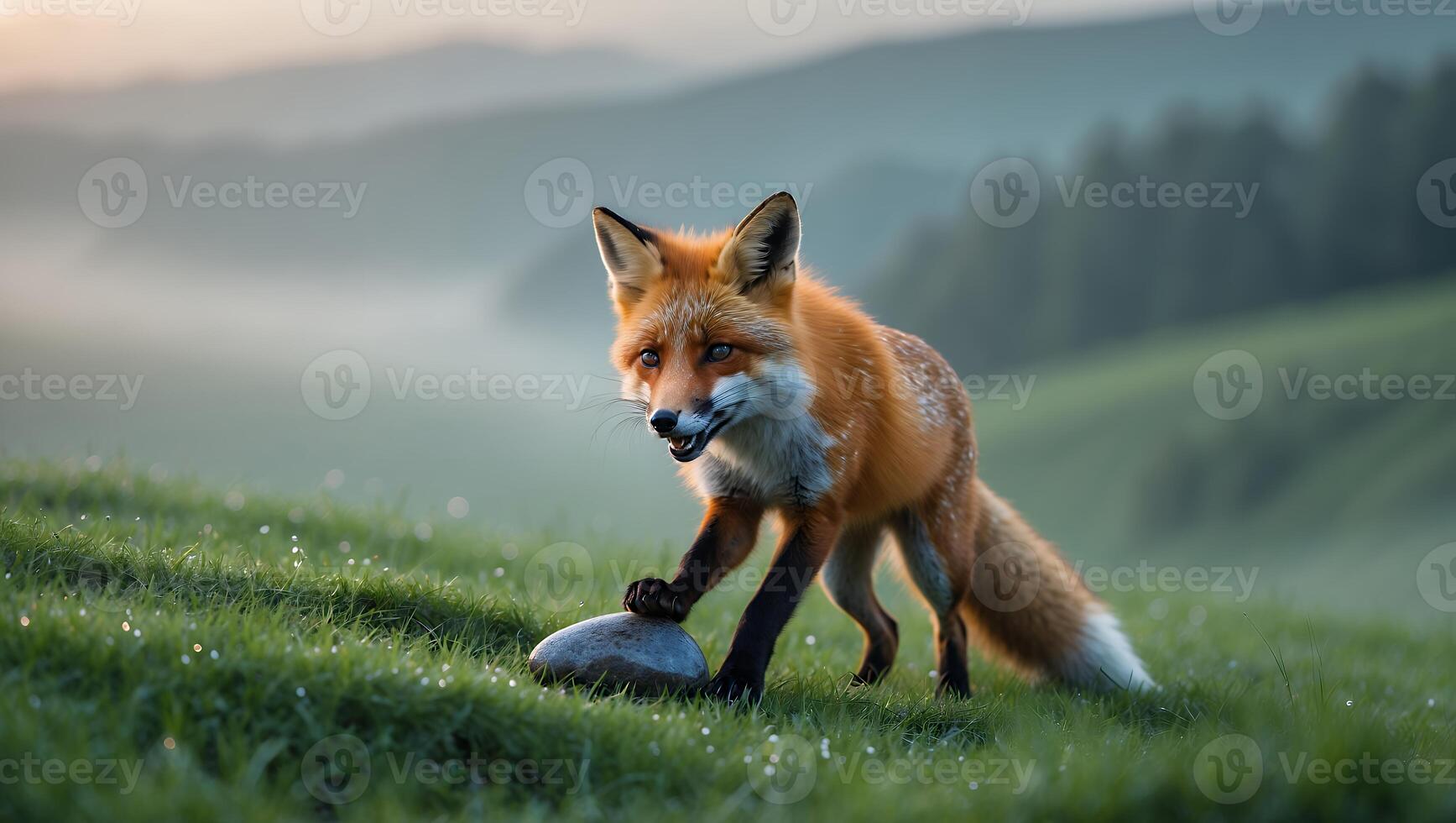 Fox Pawing a Rock on a Misty Grassy Hillside at Dawn photo