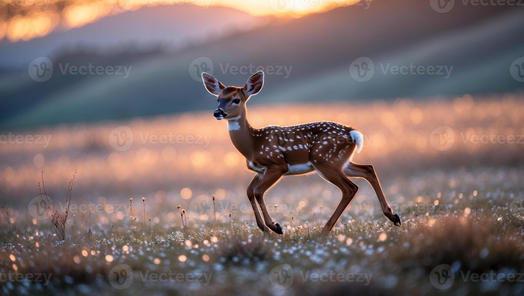 Deer Fawn Running in Meadow at Sunset with Golden Light photo