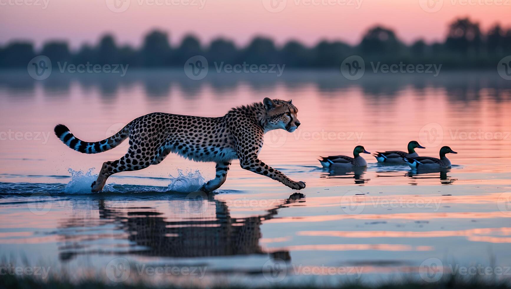 Cheetah Run Through Water Approaching Ducks at Twilight Lake Scene photo