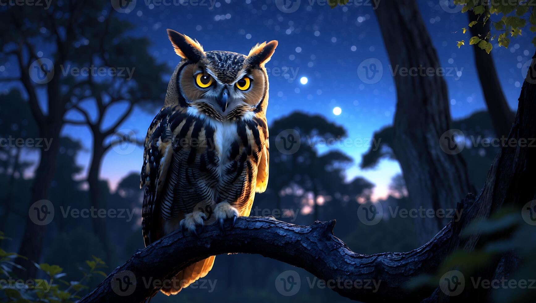 Owl Perched on Branch at Night in Forest with Starry Sky photo
