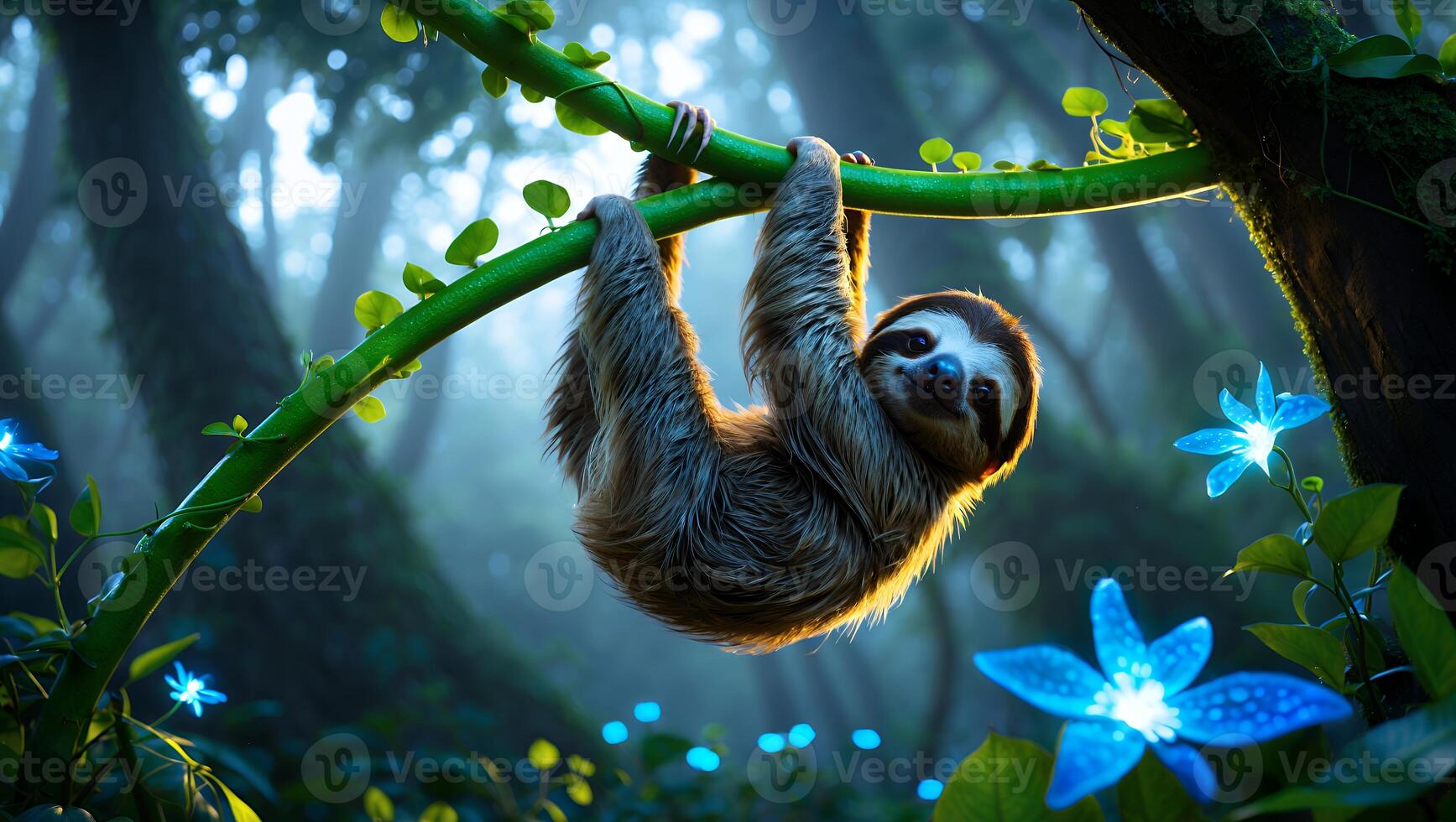 Sloth Hanging From Vine in Forest with Glowing Flowers Around photo