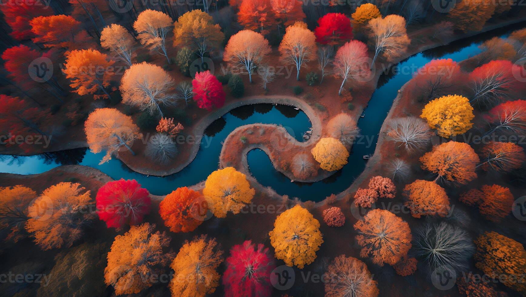 Aerial View of Autumn Trees Along Winding Stream Creating Scenic Landscape photo