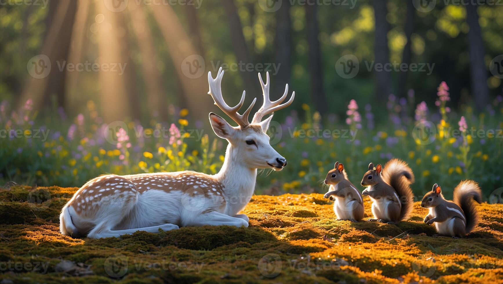 Deer Resting with Squirrels in Sunny Forest Glade at Sunset photo