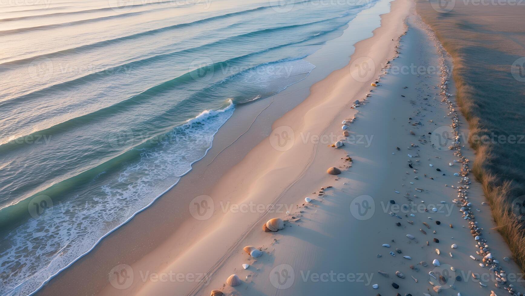 Aerial View Gentle Waves Lapping Sandy Beach with Pebbles and Grass photo