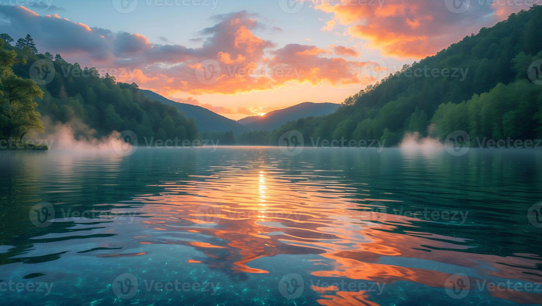Still Lake Reflecting Sunset with Forested Hills and Peaceful Clouds photo