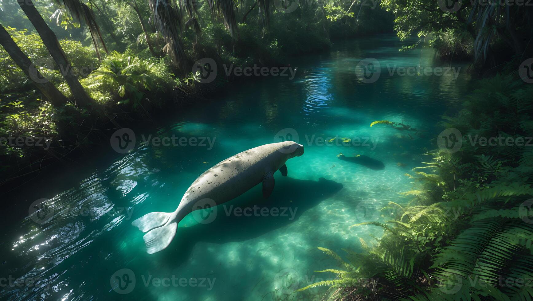 Manatee Swimming in Clear Turquoise River Surrounded by Lush Forest photo