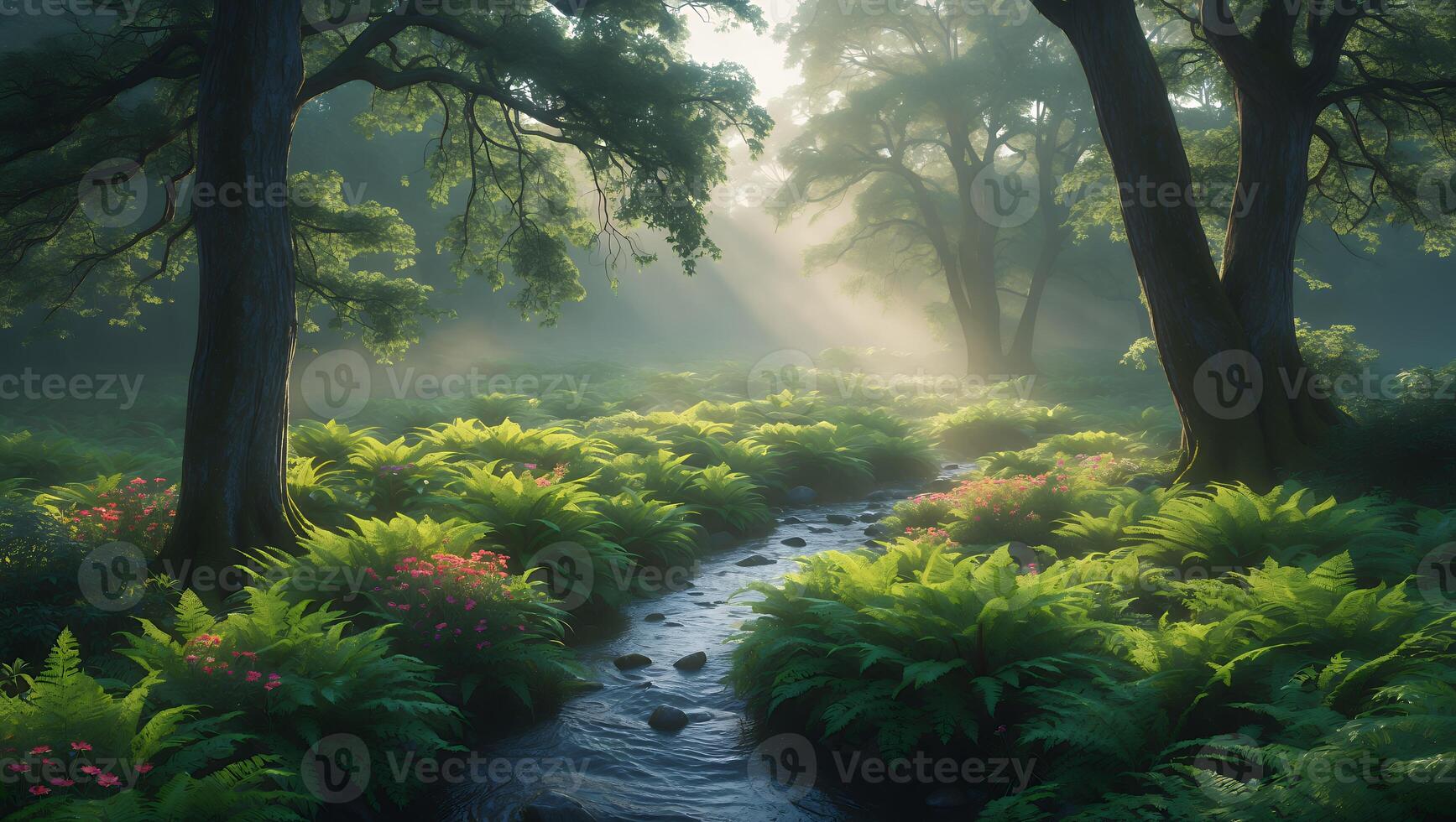 Flowing Stream Through Lush Green Forest with Sun Rays Shining Through photo
