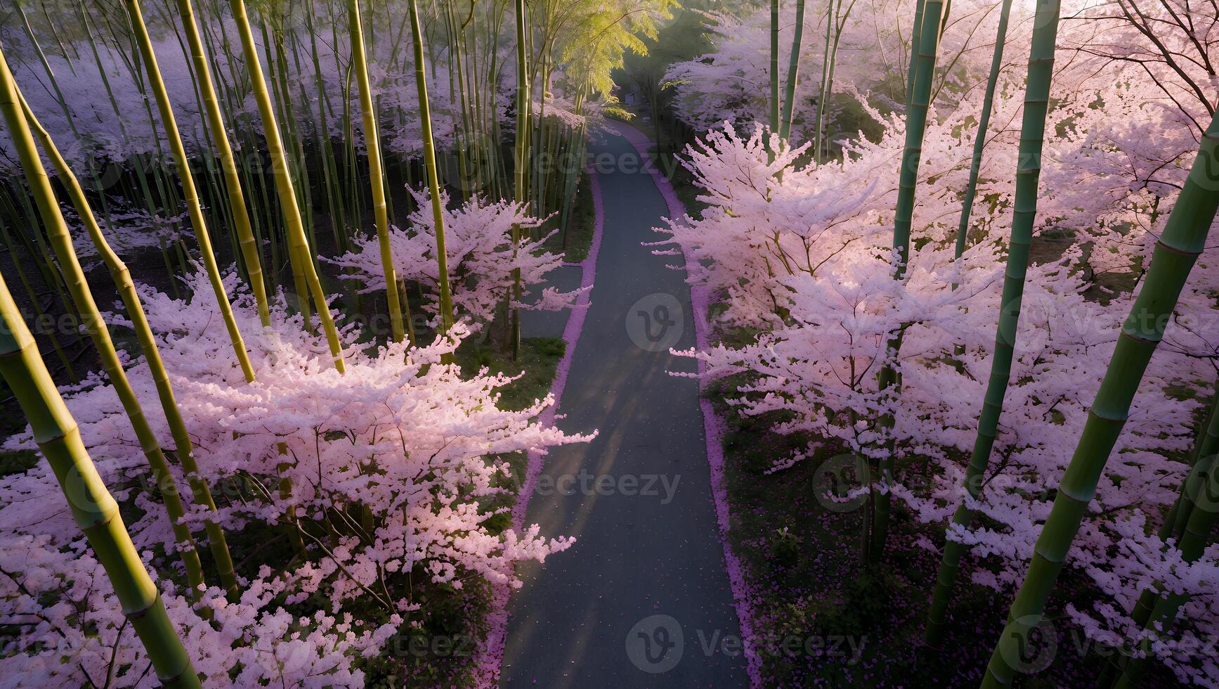 Walking Path Through Bamboo Forest and Cherry Blossom Trees in Spring photo