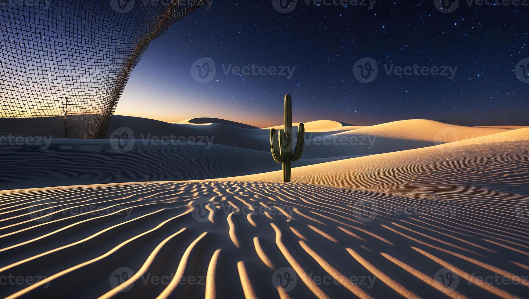 Desert Landscape with Cactus Under Starry Sky and Sand Dune photo