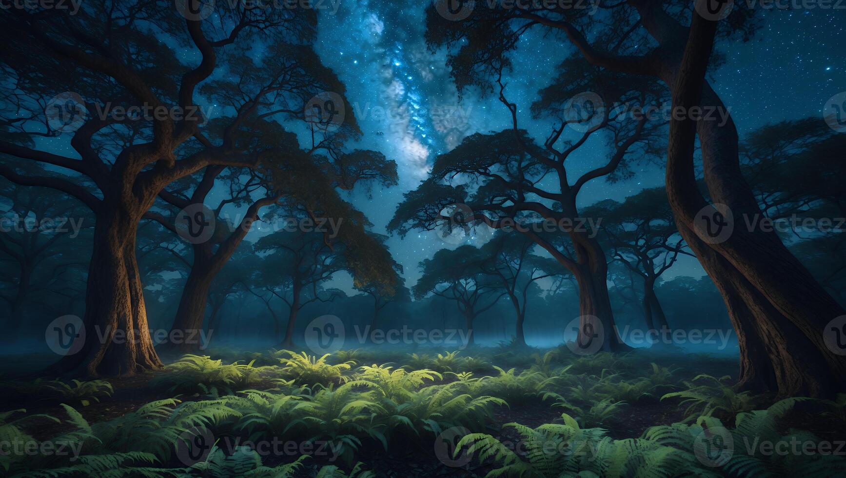 Exploring a Forest at Night Under a Starry Sky and Ferns photo