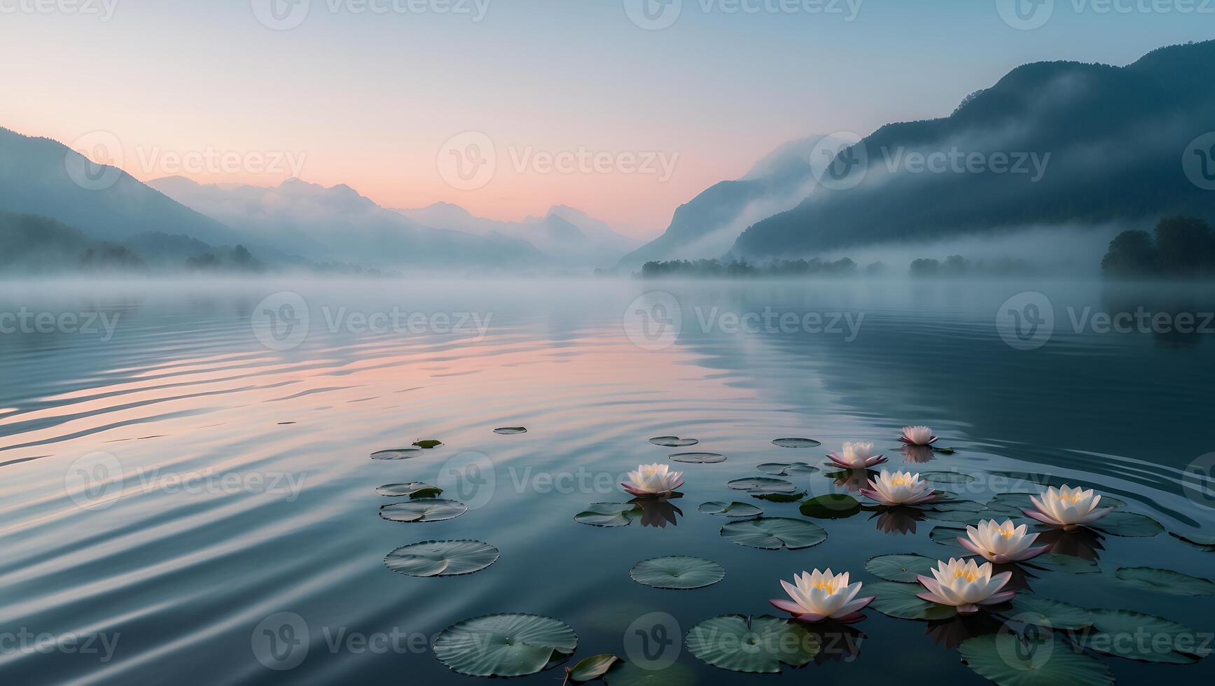 Water Lilies Floating on Calm Lake Reflecting Misty Mountains at Dusk photo