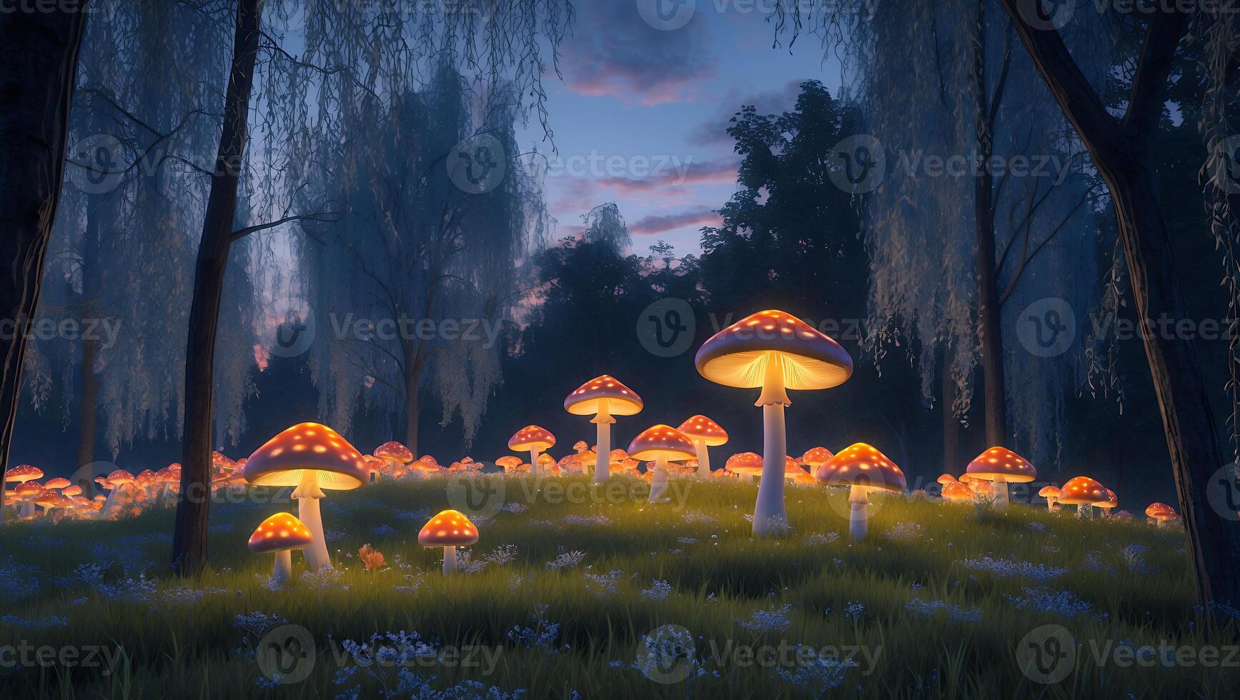 Glowing Mushrooms in Forest at Twilight Creating Enchanting Magical Scene photo