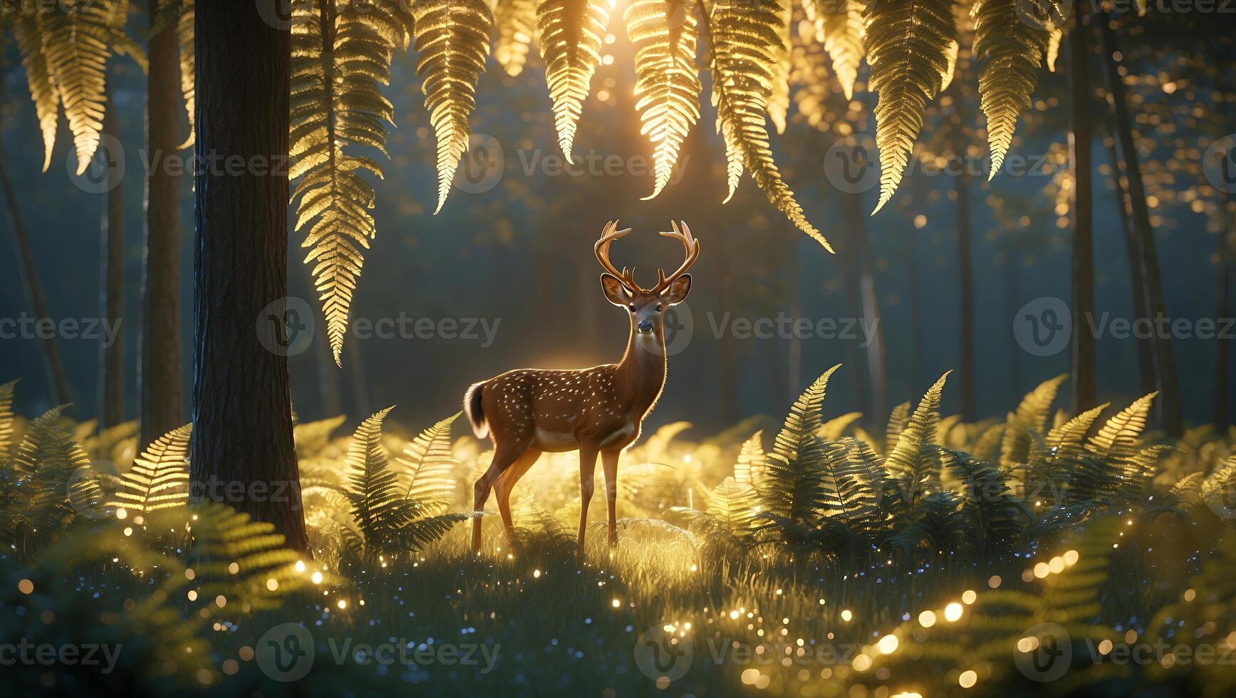 Deer Standing in Forest Bathed in Sunlight Among Ferns and Trees photo