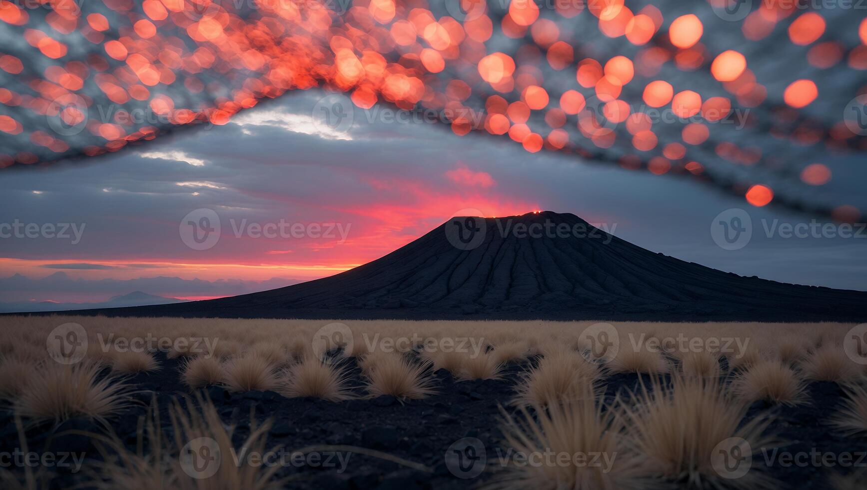 Mountain Peak View at Twilight with Dry Grass and Soft Light photo