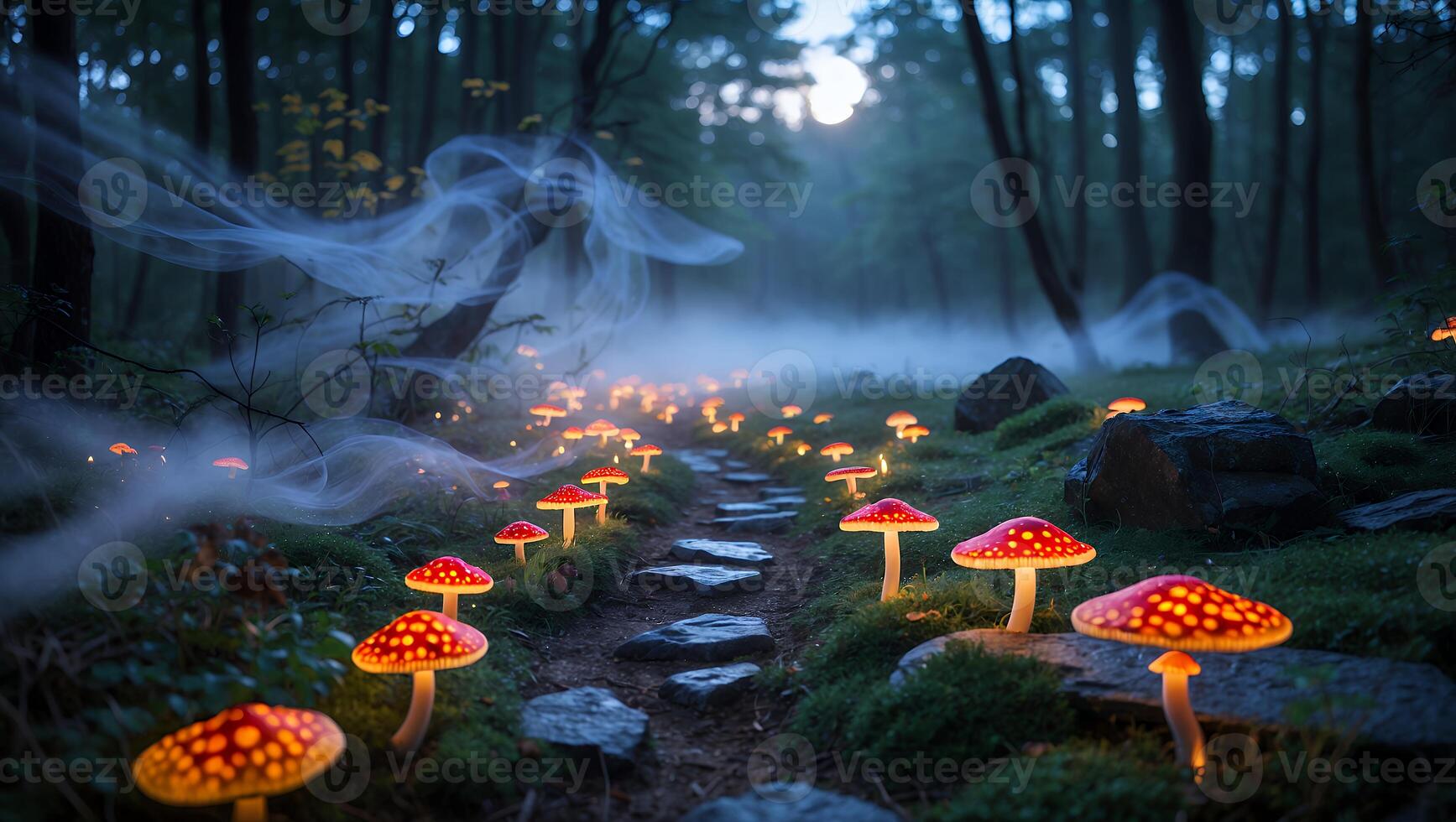 Glowing Mushrooms Lining Stone Path in Mysterious Forest at Dusk photo