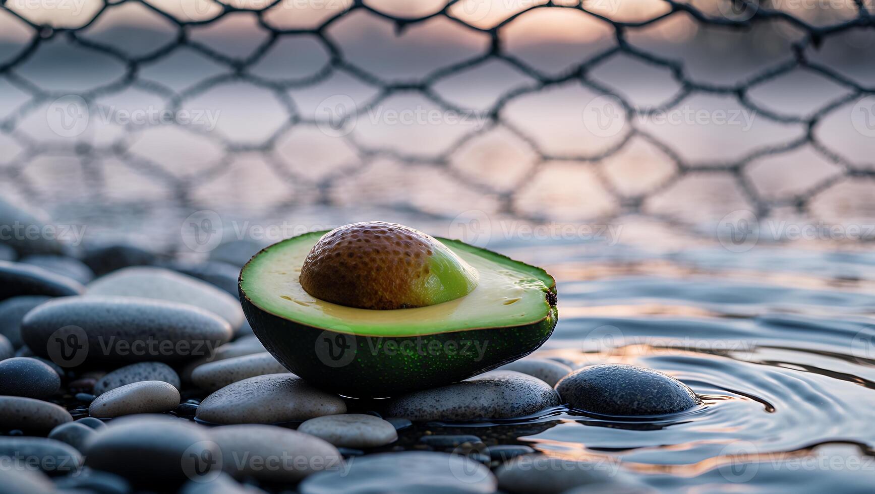 Sliced Avocado Resting on Pebble Beach Shoreline with Calm Water photo
