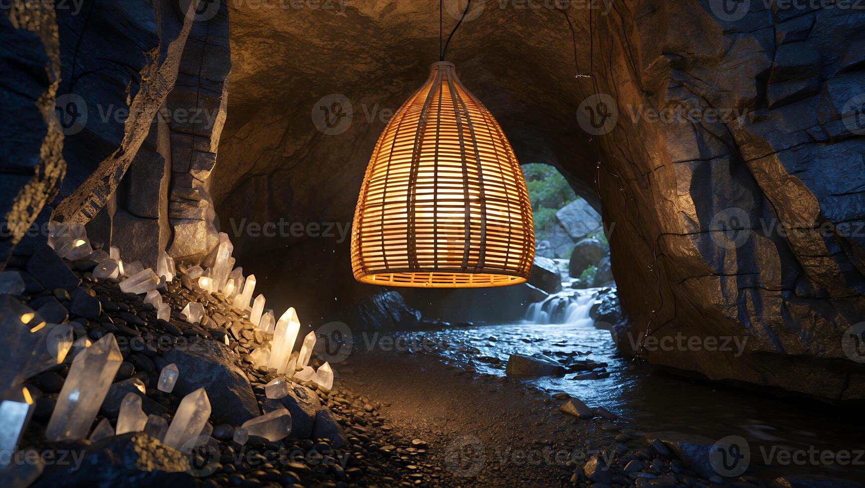 Illuminated Wicker Lamp Hanging in Cave Entrance with Waterfall photo