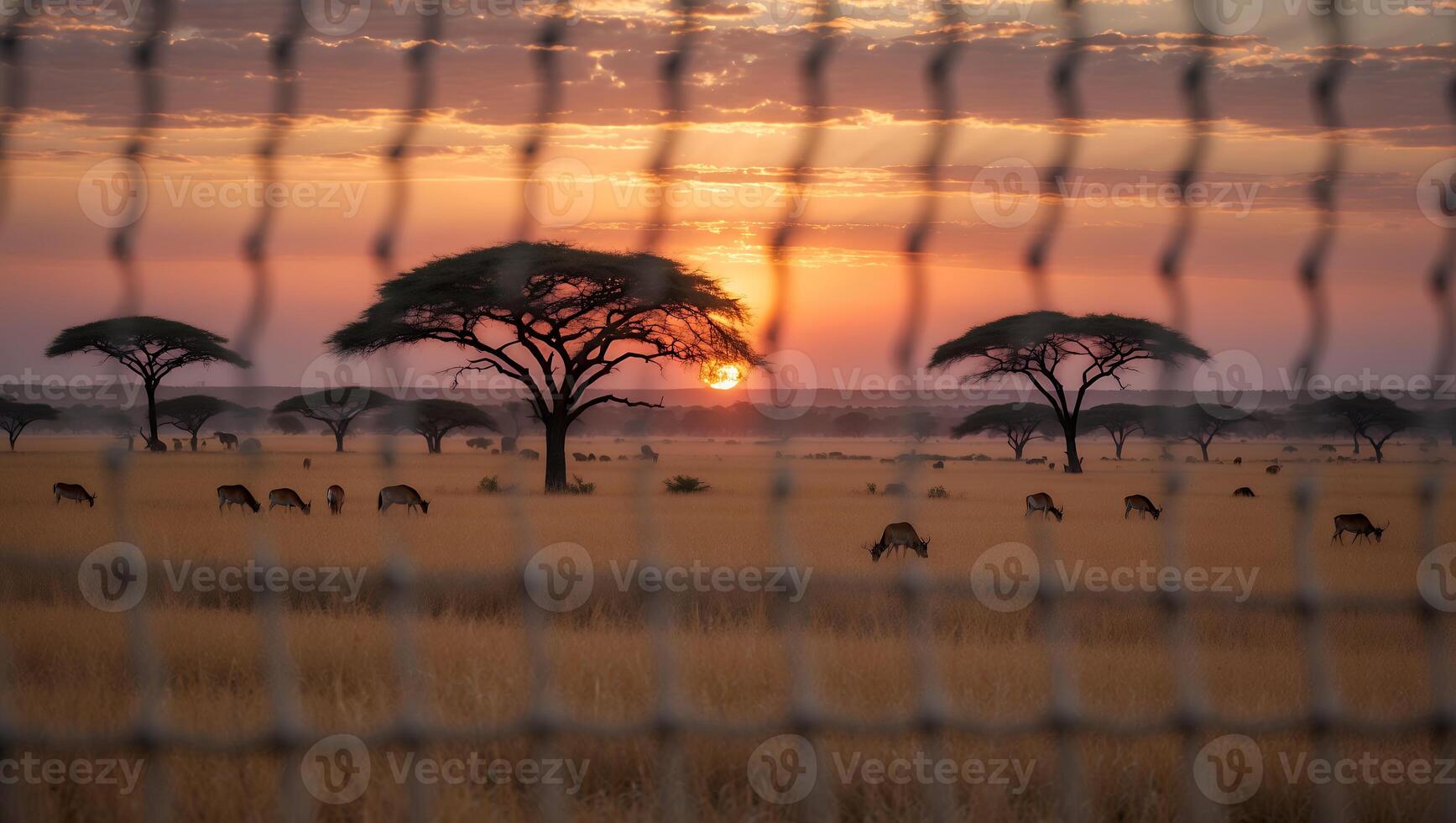 Grazing Animals at Sunset in Savanna Landscape Through Wire Fence photo