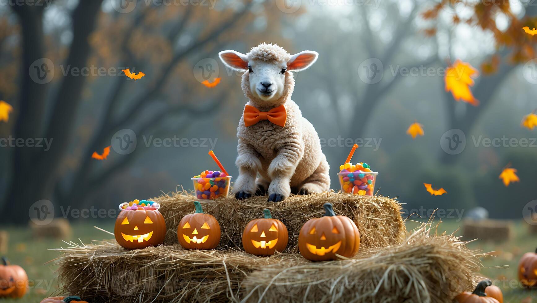 Sitting Sheep Surrounded by Halloween Pumpkins and Falling Autumn Leaves photo