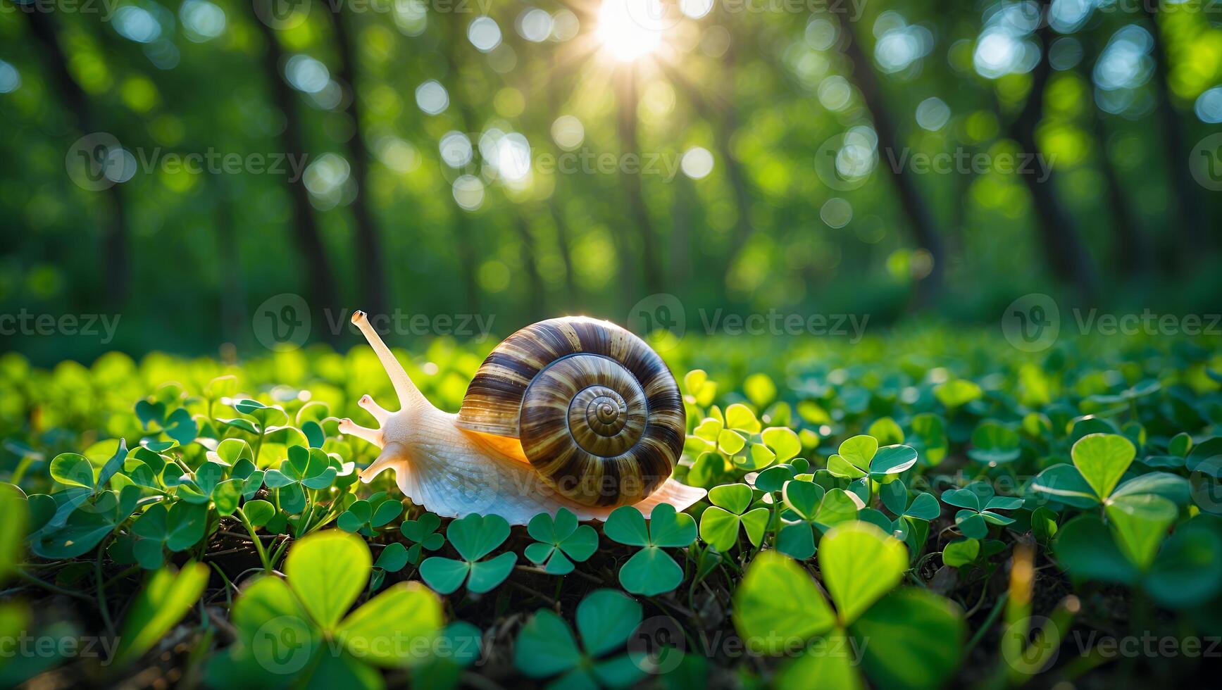 Snail Crawling Through Clover Patch Under Sunlight in the Forest photo