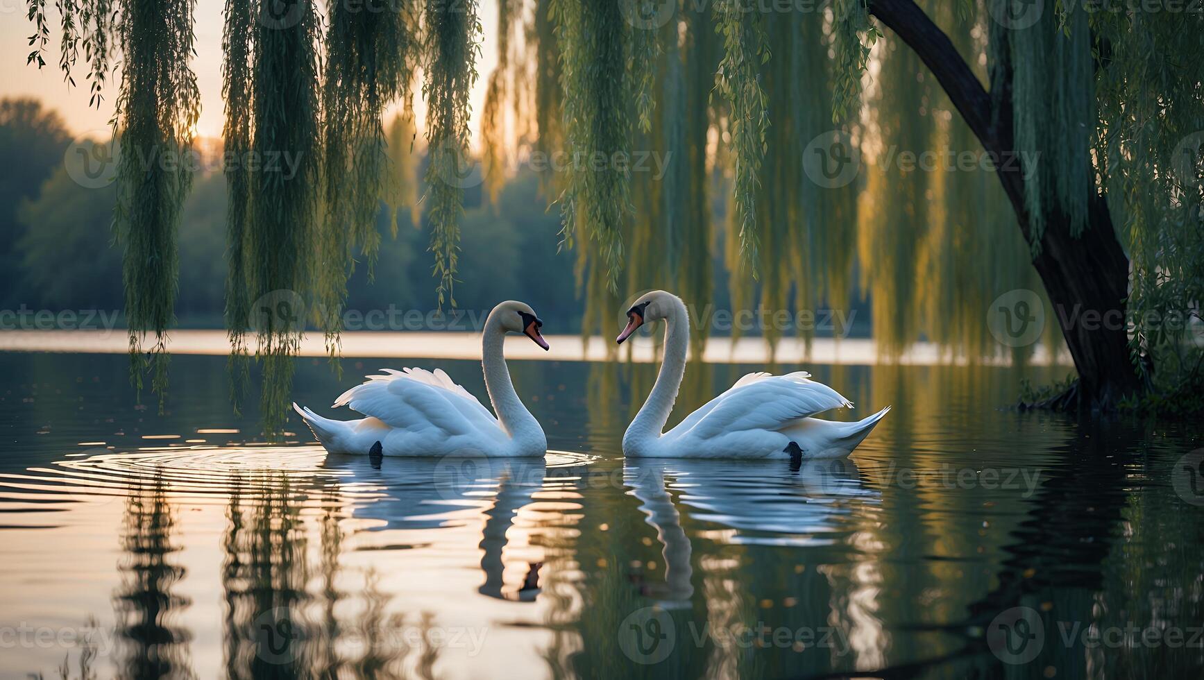Two Swans Swimming on Calm Lake at Dusk with Willow Tree photo
