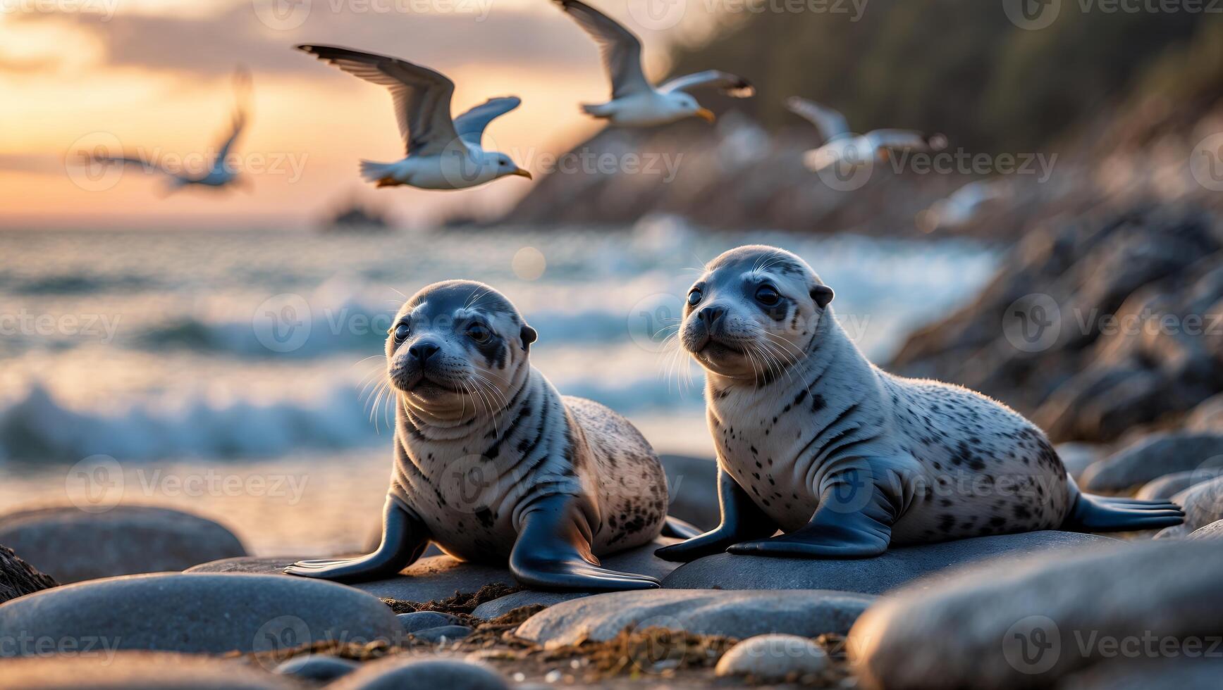 Seals Resting on Rocky Shore with Birds Flying at Sunset photo