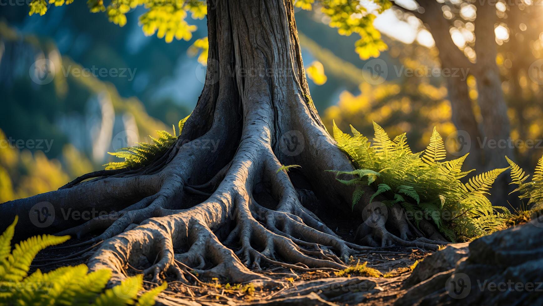 Tree Roots and Ferns in Forest with Sunlight Streaming Through photo