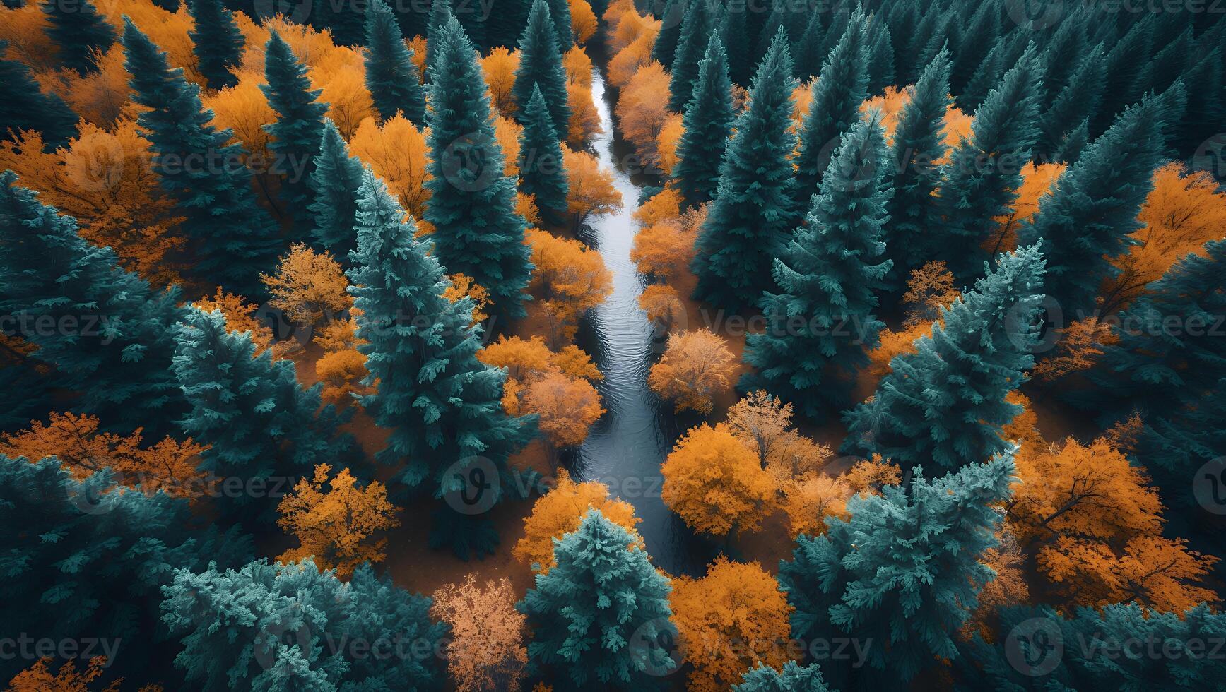 Aerial View of Evergreen Trees and River in Forest in Autumn photo