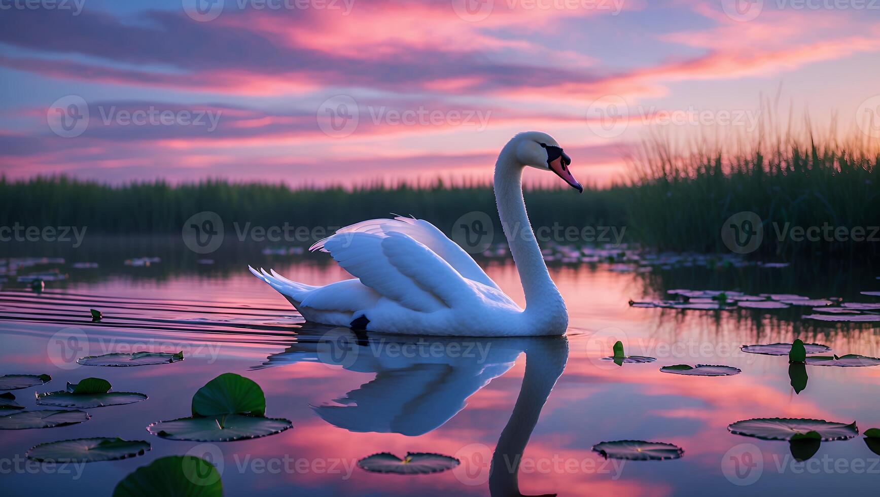 Swan Swimming Calmly on Lake at Sunset with Colorful Sky photo