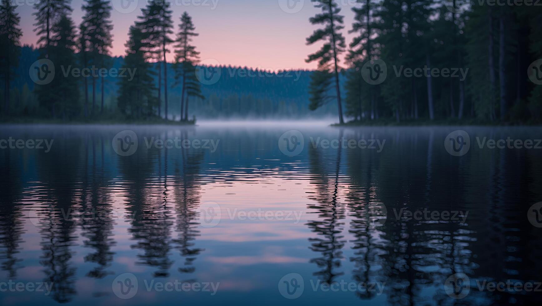 Peaceful Lake Reflection at Dusk with Evergreen Trees and Soft Light photo