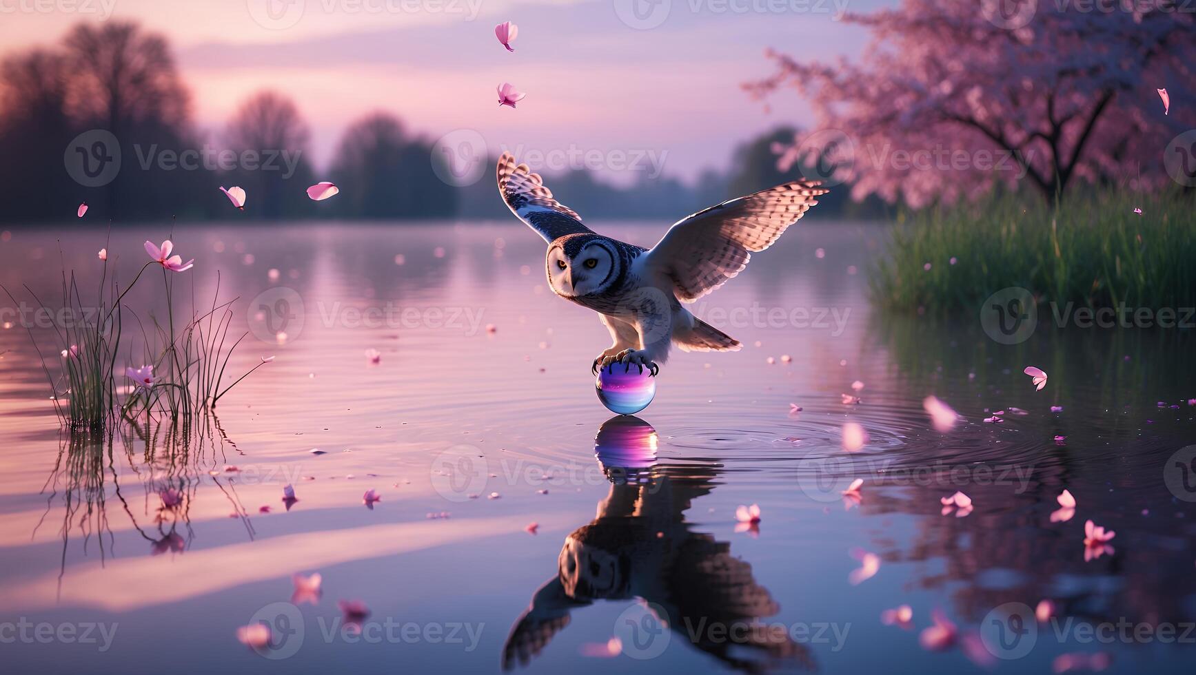 Owl Balancing on Sphere in Water Surrounded by Cherry Blossoms photo