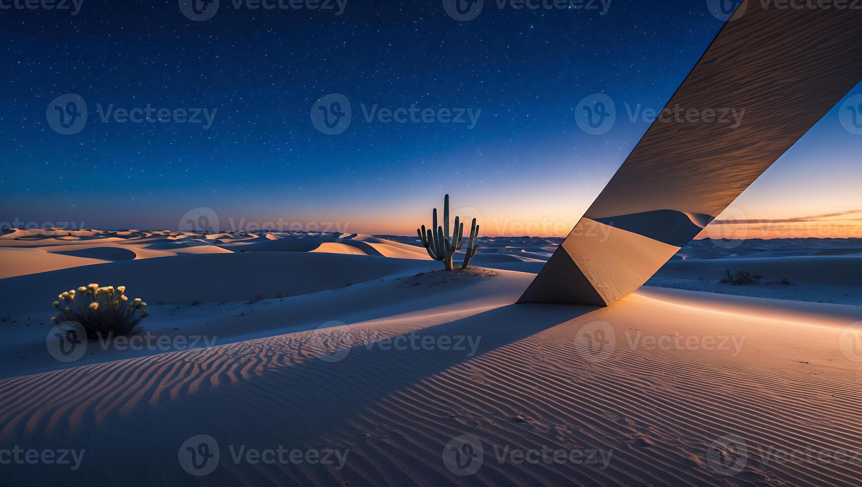 Desert Landscape with Cactus Silhouette and Unique Reflective Structure photo