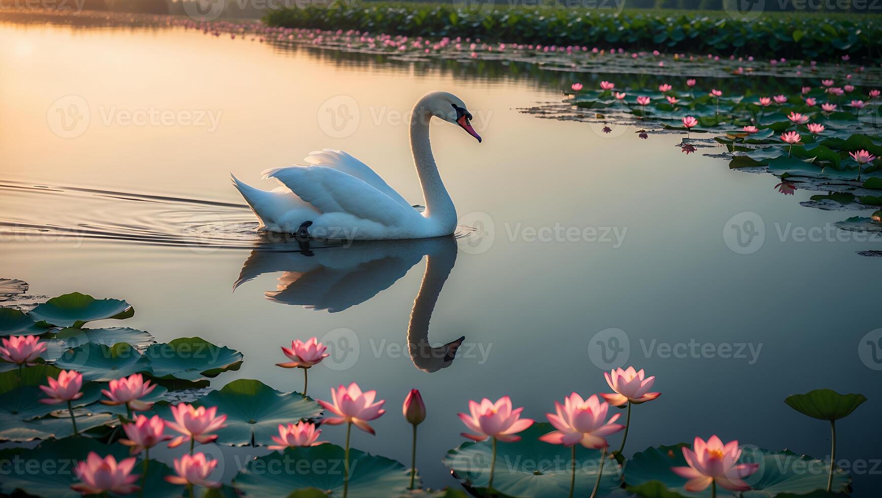 Swan Swimming Through Lotus Pond at Sunset with Golden Reflection photo