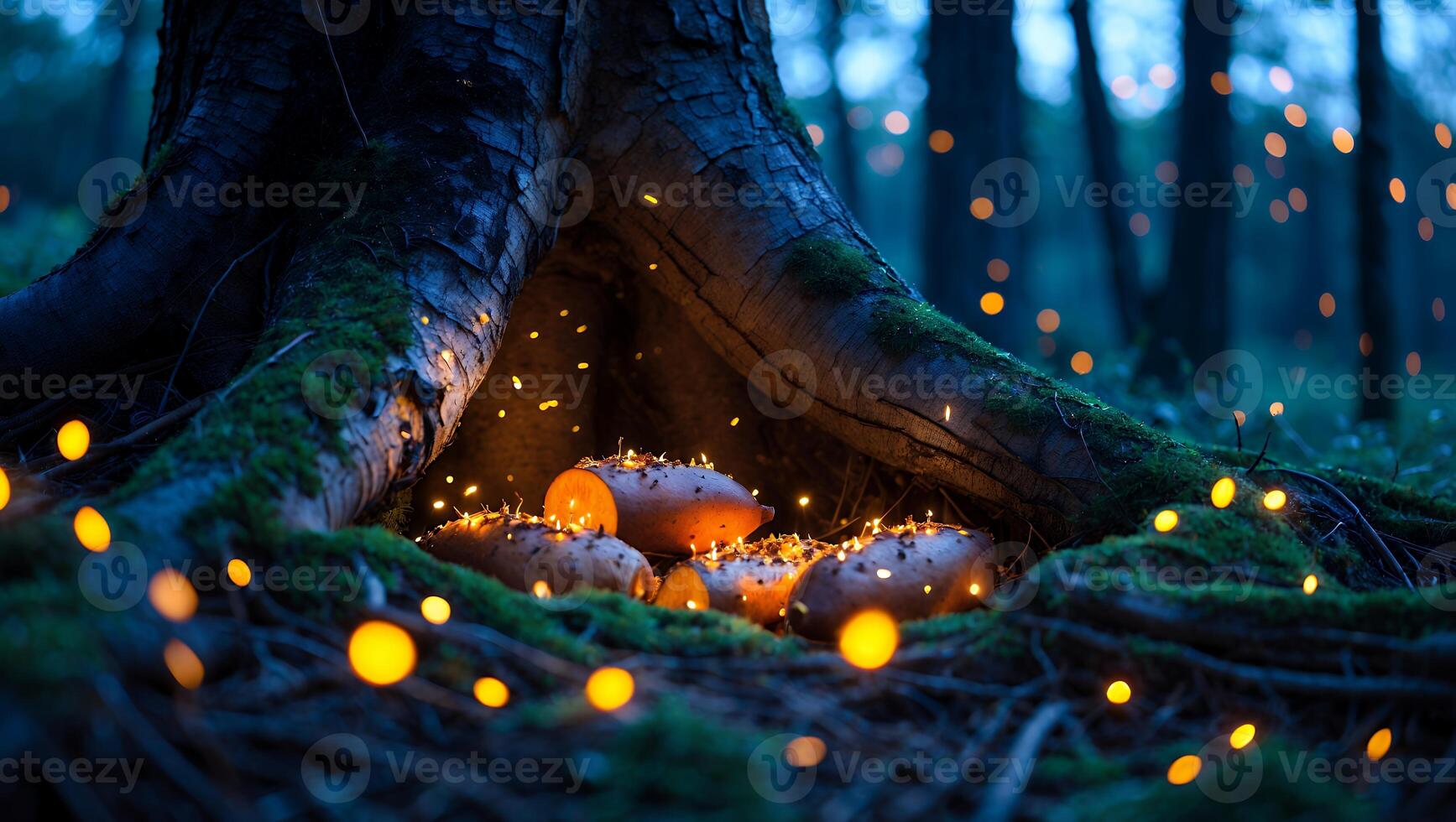 Forest Floor Scene with Glowing Lights and Tree Root Ambiance photo