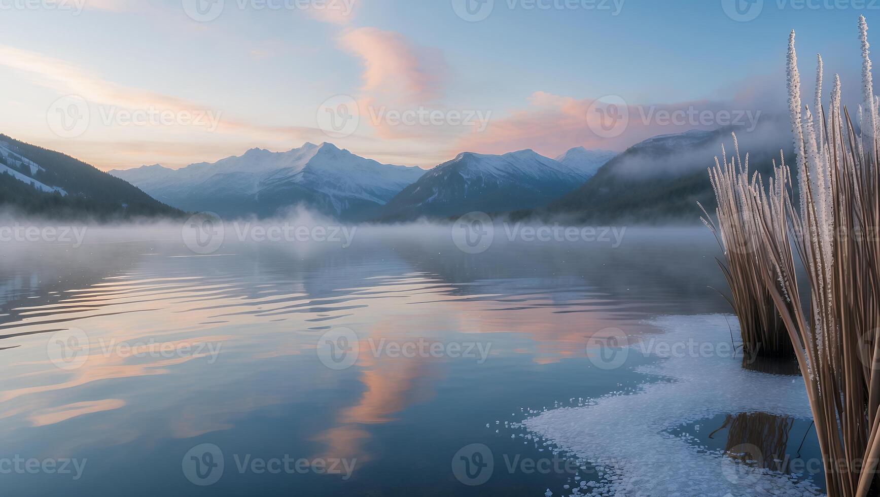 Calm Lake Reflection with Misty Mountain Landscape and Frosty Reeds photo